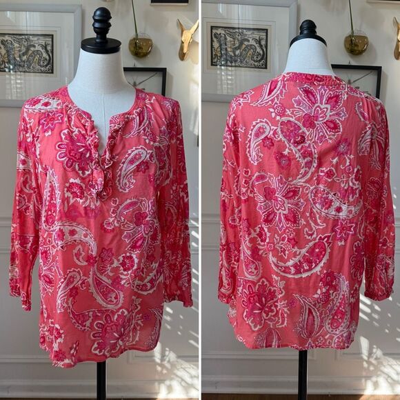 Talbots Whisper Weight Cotton Batik Print Tunic Pink Salmon L - Picture 1 of 6